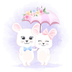 Cute couple mouse with umbrella hand drawn animal cartoon watercolor illustration