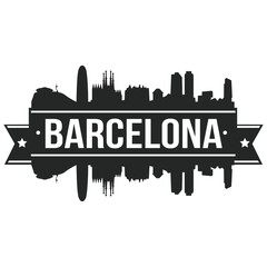 Obraz premium Barcelona Skyline Stamp Silhouette. Reflection Landscape City Design. Vector Cityscape Icon. 