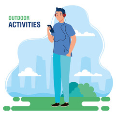 banner, man performing leisure outdoor activities, young man using headphones and smartphone vector illustration design