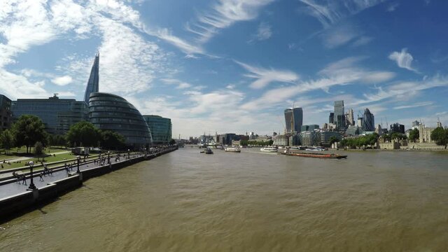 Amazing shot of boats on River Thames and Panoramic View of The Shard, City Hall and London's Financial District