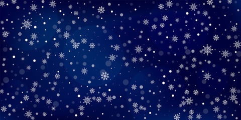 Snowflakes. Snow, snowfall. Falling scattered white snowflakes on a gradient background. Vector	