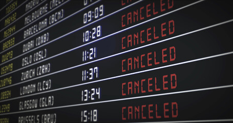 Arrival and departure times on information board are changed to canceled - obrazy, fototapety, plakaty