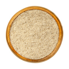 Bourbon vanilla sugar in wooden bowl. Crystal sugar with ground Bourbon vanilla pods, used for baking and to flavor food. Close-up, from above, on white background, isolated, macro food photo.