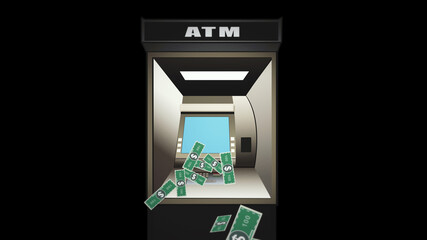 ATM Cash machine throws out bills on black