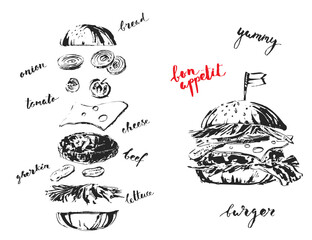 Hand drawn black and white ink fast food illustration.