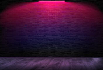 A room with a brick wall on which neon shines. Horizontal background. Pink neon. Vector illustration © Olesia