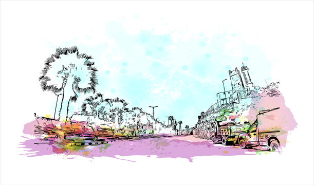 Building view with landmark of Abha is the capital city of Aseer Province near the Red Sea in southwest Saudi Arabia. Watercolor splash with hand drawn sketch illustration in vector.