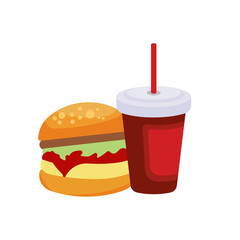 Flat icon of delicious burgers and fast food drinks. design template Vector