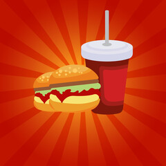 Delicious fast food and drink meal advertising poster with rays background. Delicious hamburger flat icon and fresh drink flat icon. promotional banner design. Design template vector