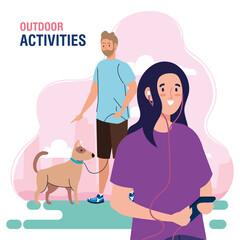 banner, couple performing leisure outdoor activities, walk with dogs and using headphones and smartphone vector illustration design