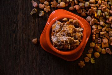 Top view of natural wet pet food in a bowl