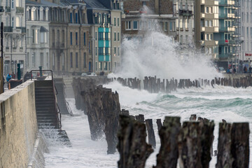 Big high tide and big waves on the Chaussée du Sillon in Saint Malo, Brittany, France