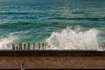 Big high tide and big waves on the Chaussée du Sillon in Saint Malo, Brittany, France