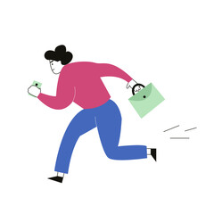 Employee manager hurries to work with a briefcase and a mobile phone. Vector illustration .
