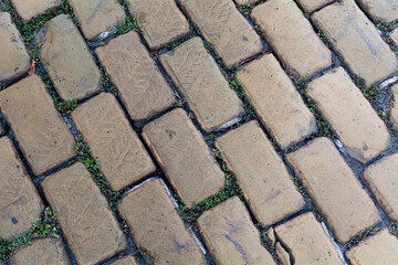 Top view on paving wet stone road. Old pavement of granite texture. Street cobblestone sidewalk in Odessa. Abstract background for design.
