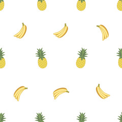 Pineapple and banana seamless pattern vector on isolated white background.