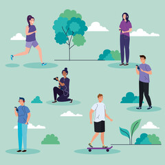 people in the park performing leisure outdoor activities vector illustration design