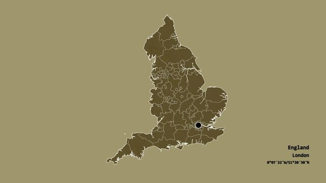 Northumberland, administrative county of England, with its capital, localized, outlined and zoomed with informative overlays on a administrative map in the Stereographic projection. Animation 3D