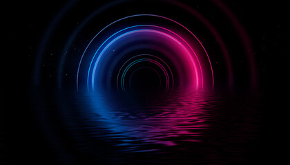 Dark neon background. Reflection of light circle on the water. Smoke fog. Light neon effect, energy waves on a dark abstract background. Laser neon show. Smoke, fog. 3d illustration