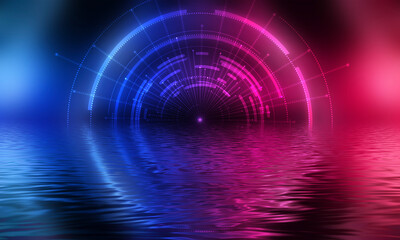 Dark neon background. Reflection of light circle on the water. Smoke fog. Light neon effect, energy waves on a dark abstract background. Laser neon show. Smoke, fog. 3d illustration