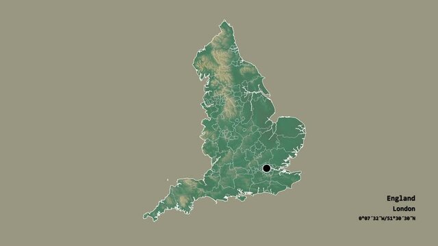 Northumberland, administrative county of England, with its capital, localized, outlined and zoomed with informative overlays on a relief map in the Stereographic projection. Animation 3D