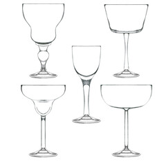 Collection of glasses for cocktail isolated on white. Hand drawn illustration. Pencil sketch of empty glassware for alcohol drink. Design element for bar and restaurant menu, recipes, flyers.