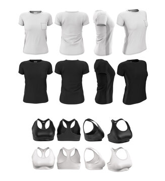 Set of  women's top brassiere and t-shirt. Women's sport clothes. Sports uniform. Mock up, blank template in white and black color. Front, back, side views. 3d realistic render.