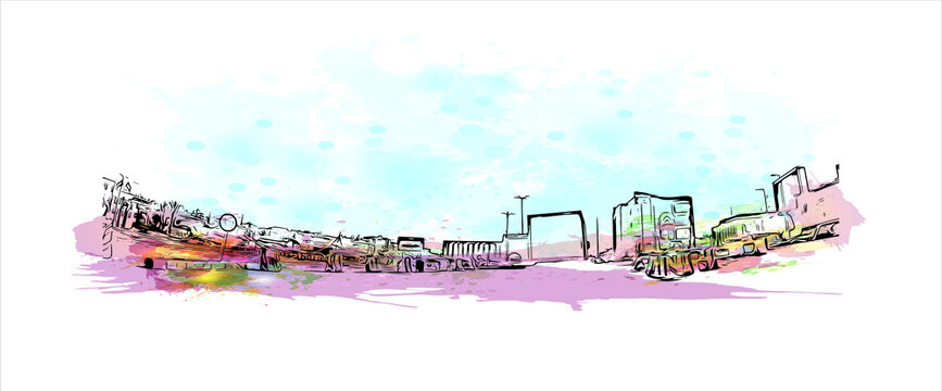 Building view with landmark of Abha is the capital city of Aseer Province near the Red Sea in southwest Saudi Arabia. Watercolor splash with hand drawn sketch illustration in vector.