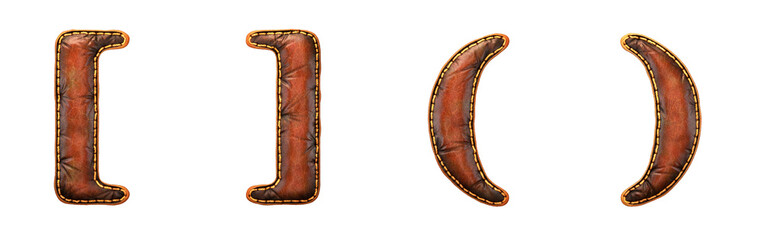 Fototapeta na wymiar Set of symbols left, right bracket and left, right perentheses made of leather. 3D render font with skin texture isolated on white background.