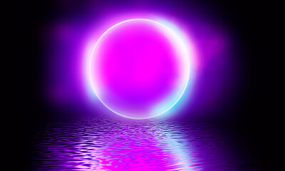 Dark neon background. Reflection of light circle on the water. Smoke fog. Light neon effect, energy waves on a dark abstract background. Laser neon show. Smoke, fog. 3d illustration