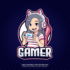 Gamer girl esport logo mascot template with editable text