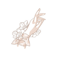 Elegant female hand and flowers. Fashion accessories in retro style, shawl, scarf with an ornament. Linear drawing, abstract shapes. Graphic artwork in a modern minimalist style, vector illustration.