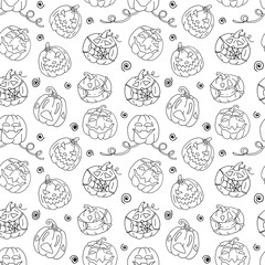 Halloween pumpkin set. Coloring page. Seamless pattern. Hand drawn doodle style. 