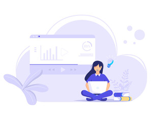 Woman sitting holding a laptop. Online education infographics and online teamwork, telecommuting, distance work, and business communication concepts.