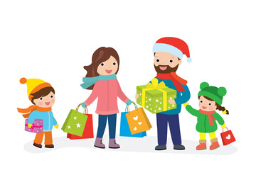 Cartoon happy family before christmas holiday. Parents and cute children with shopping bags, gifts.