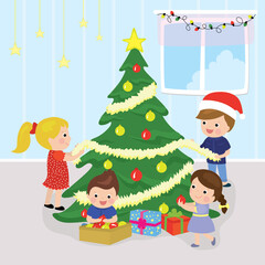 Cartoon happy children decorate traditional christmas tree symbol with bright lights, balls and presents in living room.