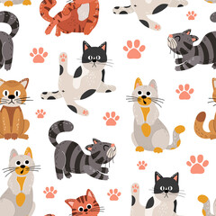 Cute cats flat vector seamless pattern on white background. Texture of cartoon pets in scandinavian hand drawn style. Vector wallpaper for children's books, print, poster, fabric, stickers.