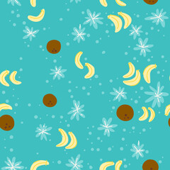 Fototapeta na wymiar Summer tropical pattern on blue background. Vector illustration with coconuts, bananas and flowers. Simple flat graphics. For backgrounds, packaging, textile and various other designs.
