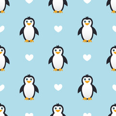 Cute penguin seamless pattern vector on light blue background.