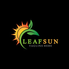 Obraz premium Sun & Green Leaf Logo Icons vector design template. Eco Sun Energy Logo isolated on black background