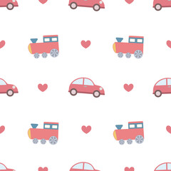 Cute train and car seamless pattern vector on isolated white background.