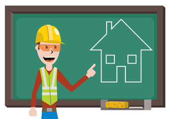 construction worker with house on blackboard, vector illustration 