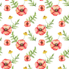 Seamless summer pattern with bright poppies and wildflowers. For textiles, fabrics, invitations.