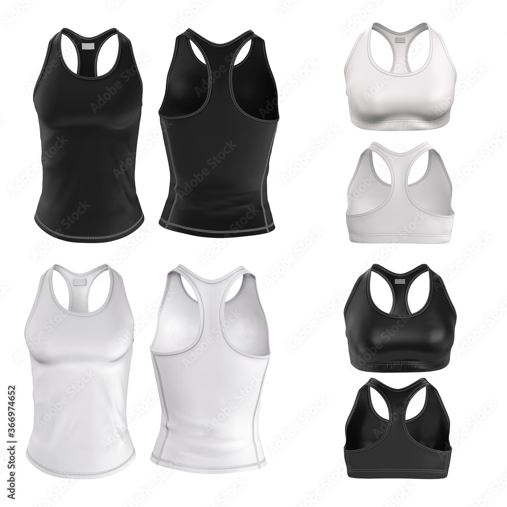 Wall mural sportswear, underwear for women. set of sleeveless shirt and brasier top. black and white templates  - Wall murals