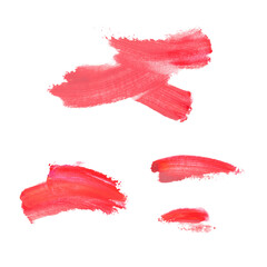 Stroke, smear, smudge of red and pink lipstick. Set of texture of smeared female cosmetics. Illustration isolated on white background.