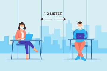 Business people new normal meeting after covid-19 pandemic. Stay Safe Illustration concept in flat design style