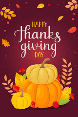 Thanksgiving vector illustration Autumn leaves, pumpkins, rowan and lettering.