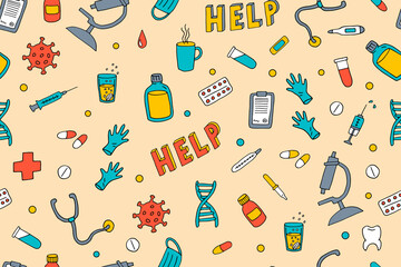 Seamless pattern from medical items. Colorful vector illustration on the theme of hospital, doctors, healthcare