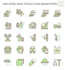 Welding work and tools such as welding torch, gas cutting tool and other vector icon set design, 64x64 perfect pixel and editable stroke.