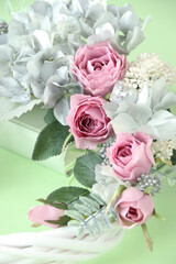 アンティークカラーのバラとシルバーの紫陽花のリース（造花）グリンバック